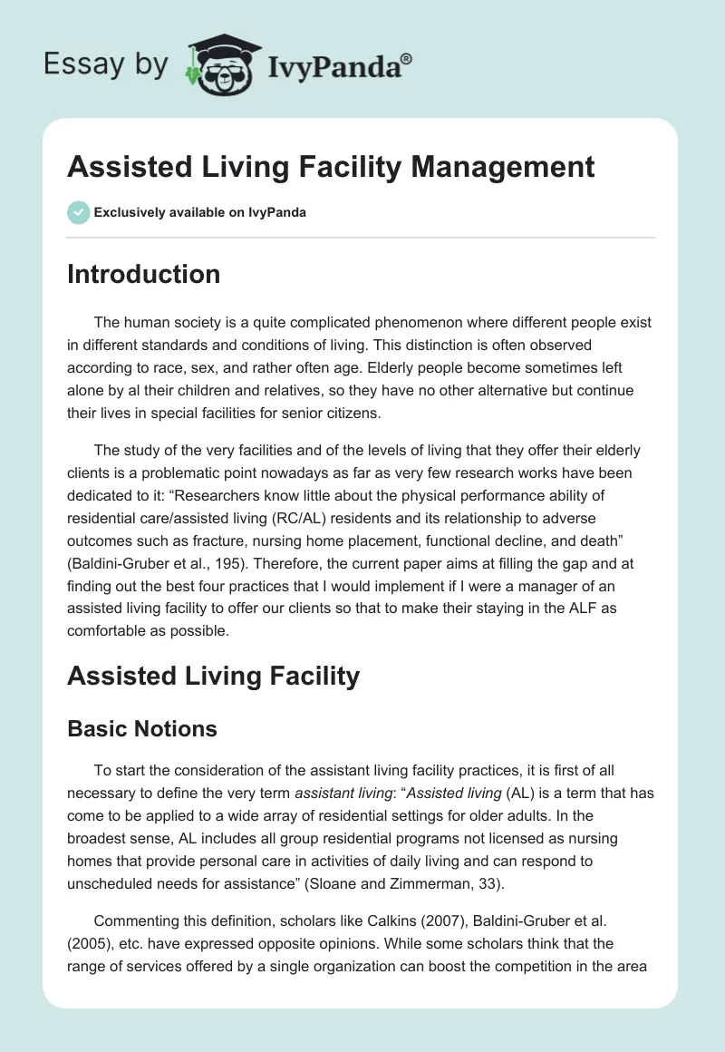 Assisted Living Facility Management. Page 1