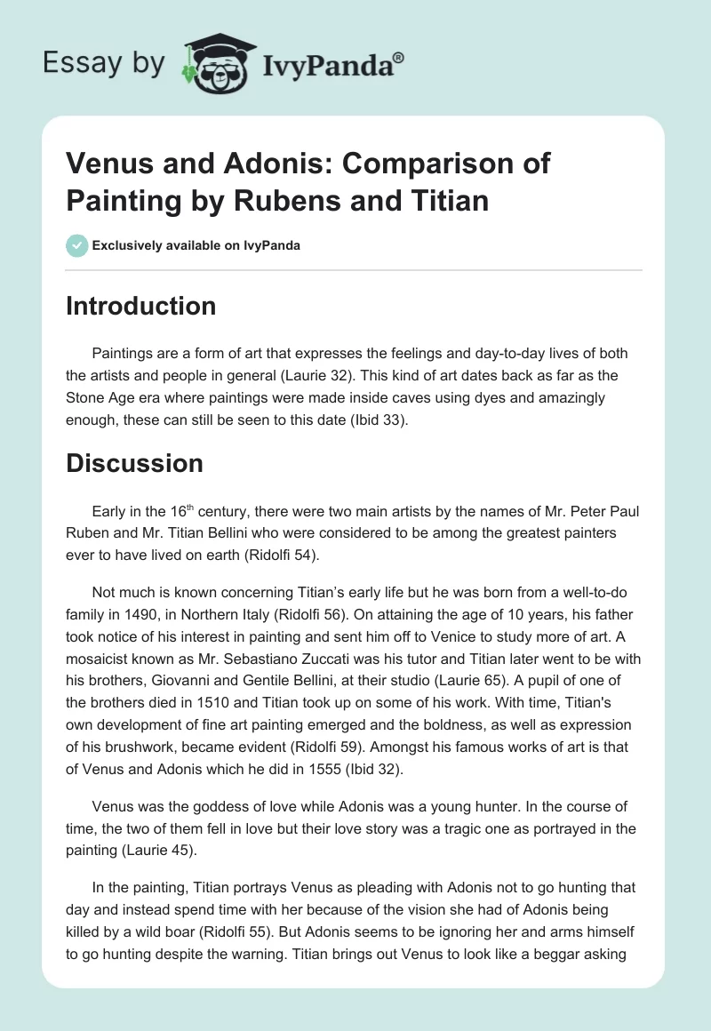 Venus and Adonis: Comparison of Painting by Rubens and Titian. Page 1