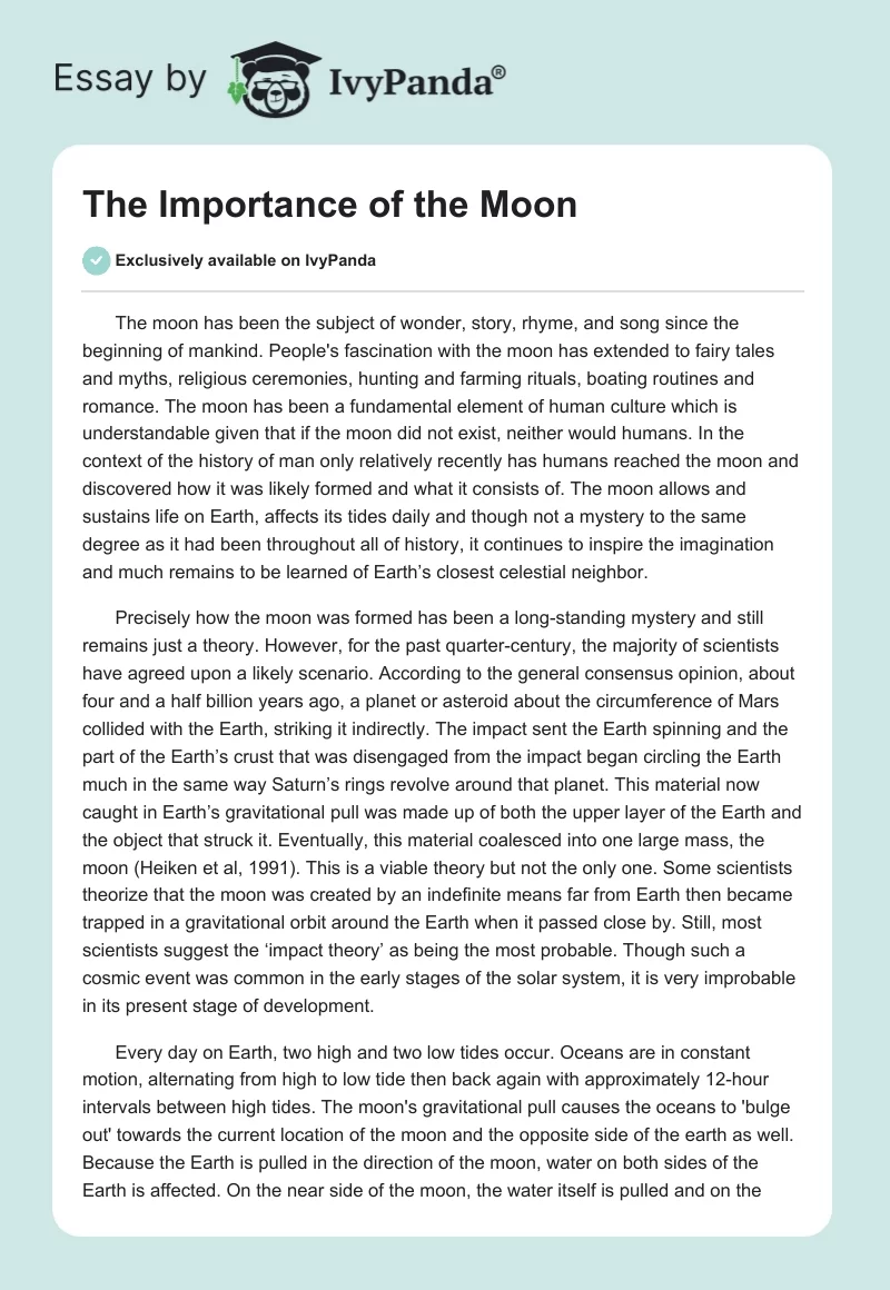 The Importance of the Moon - 736 Words | Essay Example