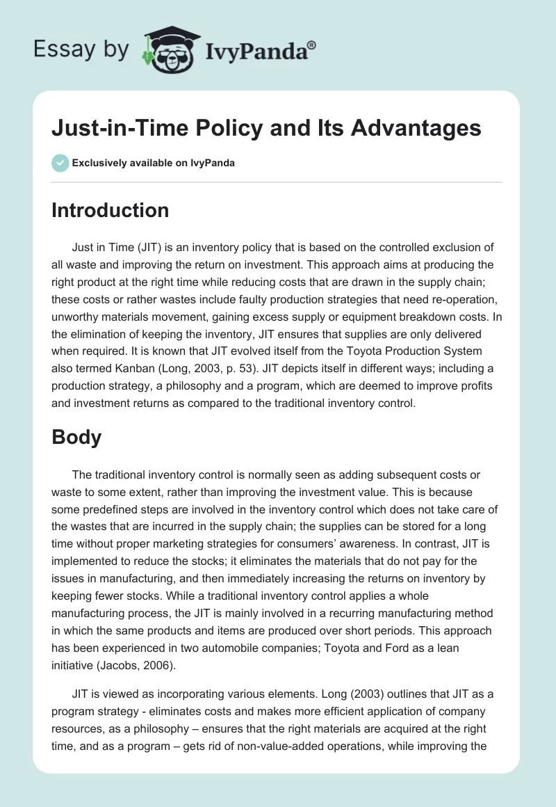 Just-in-Time Policy and Its Advantages. Page 1