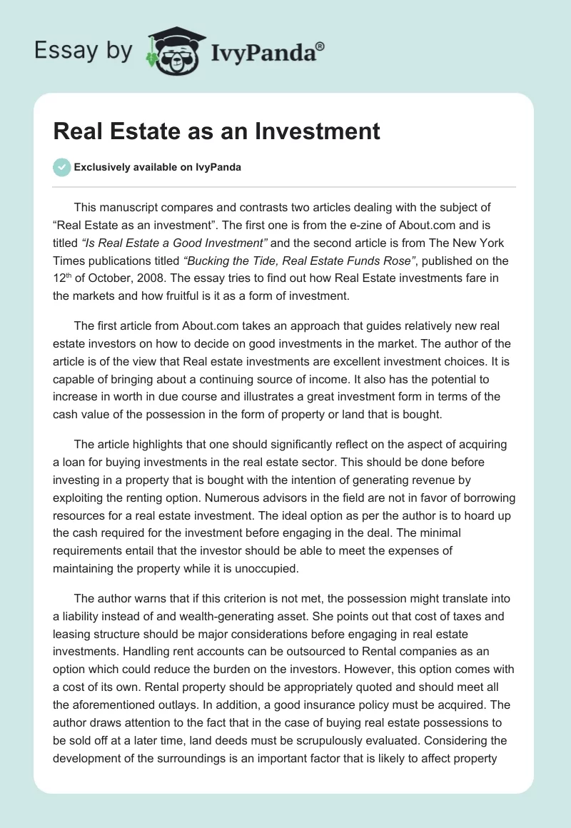 Real Estate as an Investment. Page 1