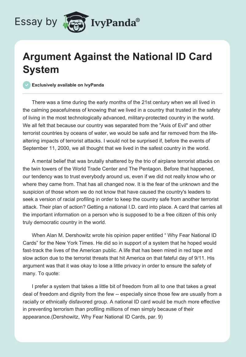 Argument Against the National ID Card System. Page 1