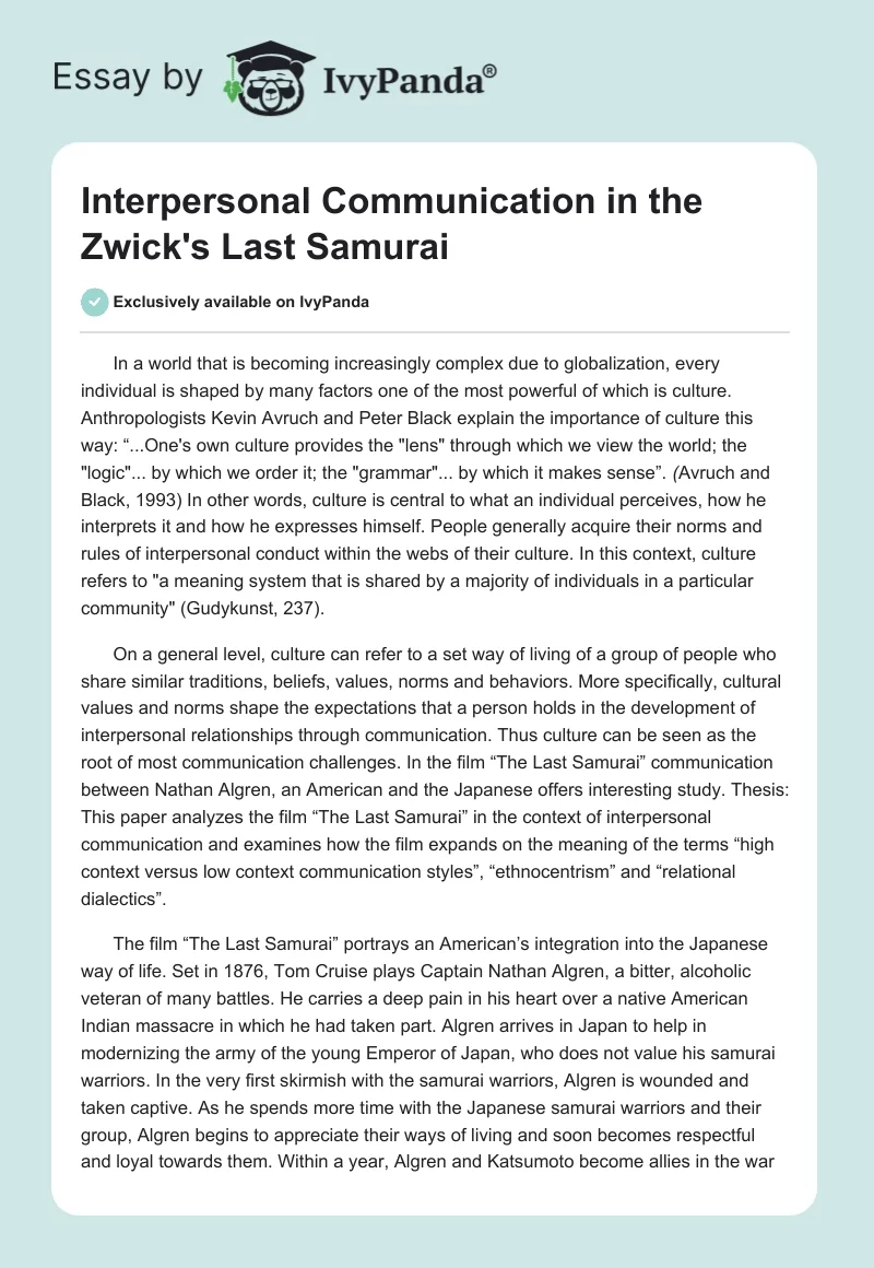 Interpersonal Communication in the Zwick's "Last Samurai". Page 1