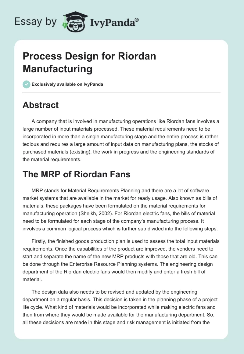 Process Design for Riordan Manufacturing. Page 1