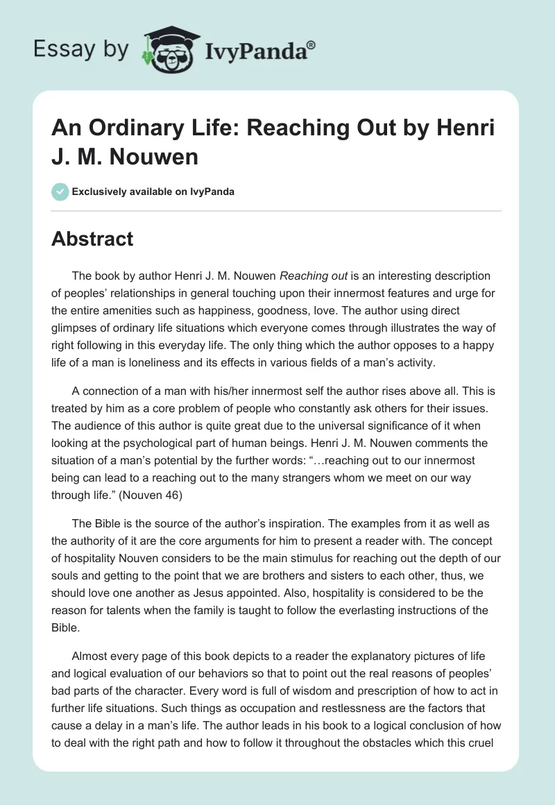 An Ordinary Life: "Reaching Out" by Henri J. M. Nouwen. Page 1