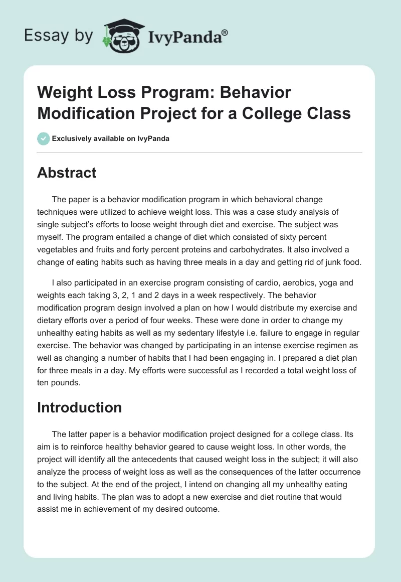 Weight Loss Program: Behavior Modification Project for a College Class. Page 1