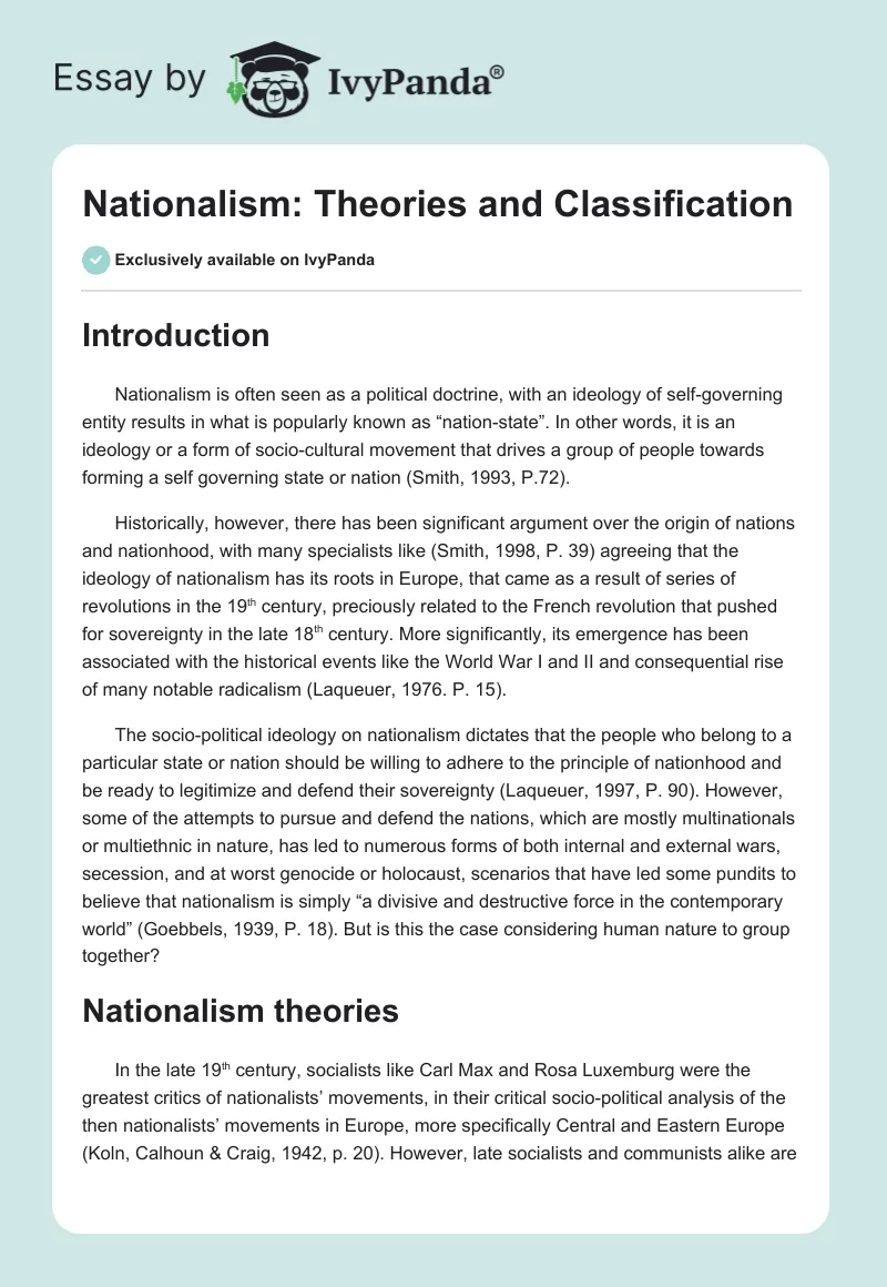 Nationalism: Theories and Classification. Page 1