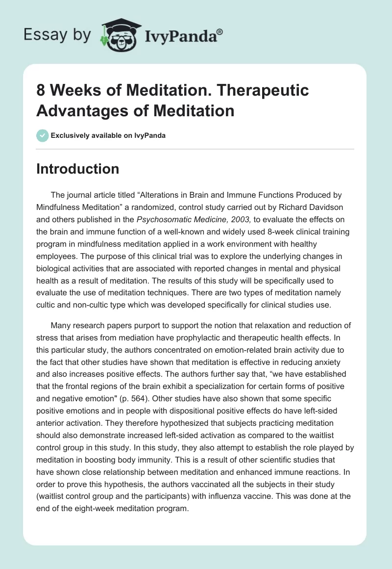 8 Weeks of Meditation. Therapeutic Advantages of Meditation. Page 1