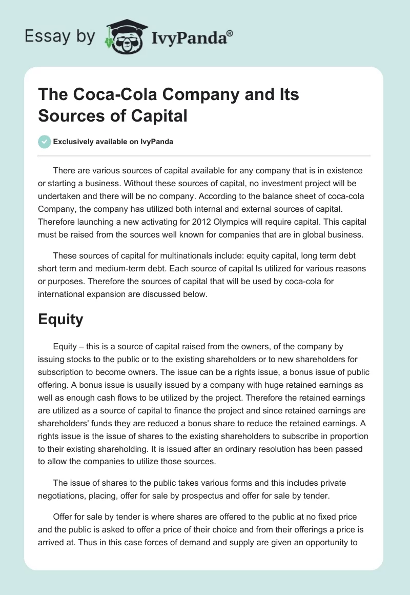 The Coca-Cola Company and Its Sources of Capital. Page 1
