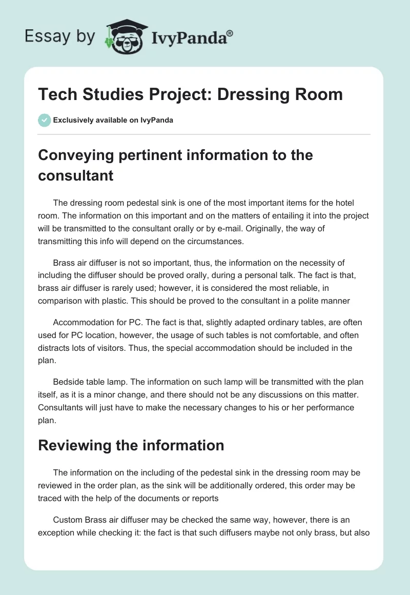 Tech Studies Project: Dressing Room. Page 1