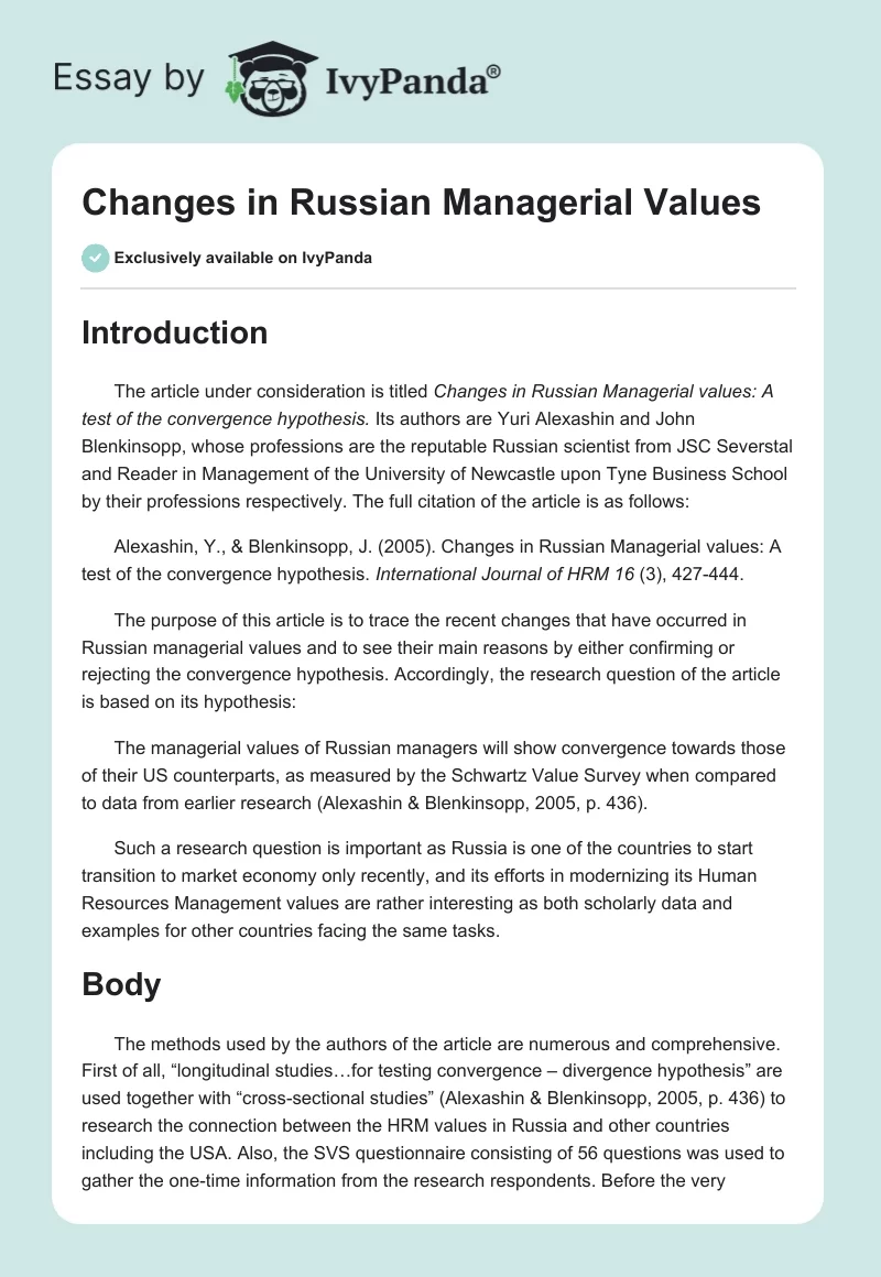 Changes in Russian Managerial Values. Page 1