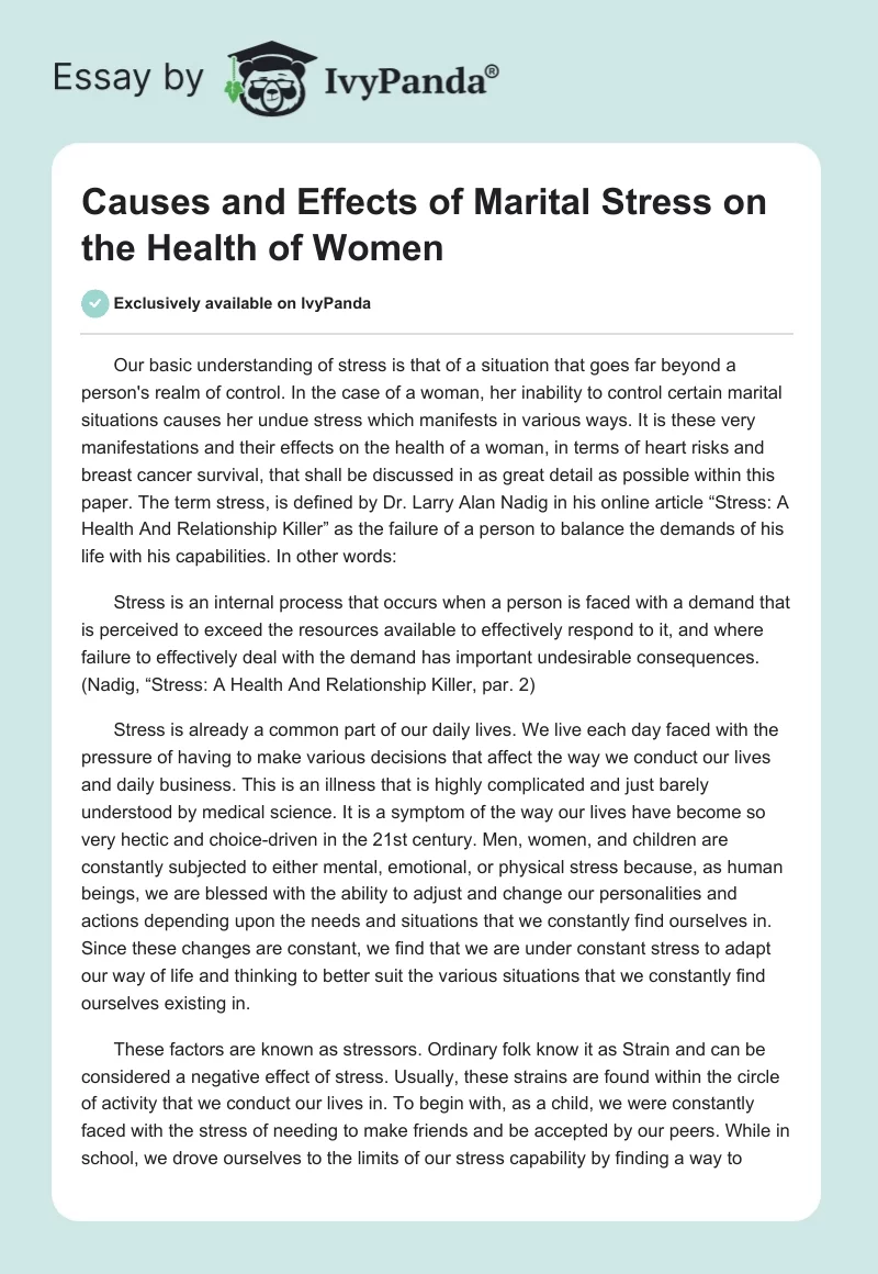 Causes and Effects of Marital Stress on the Health of Women. Page 1