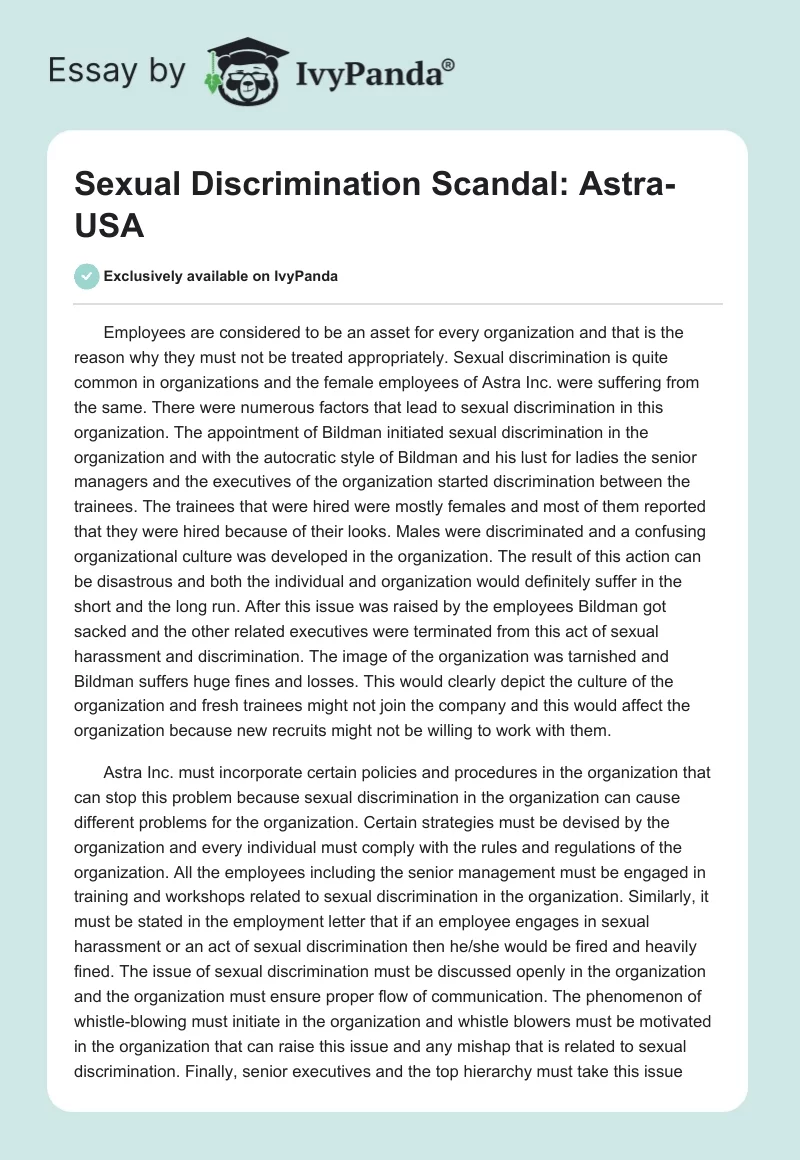 Sexual Discrimination Scandal: Astra-USA. Page 1