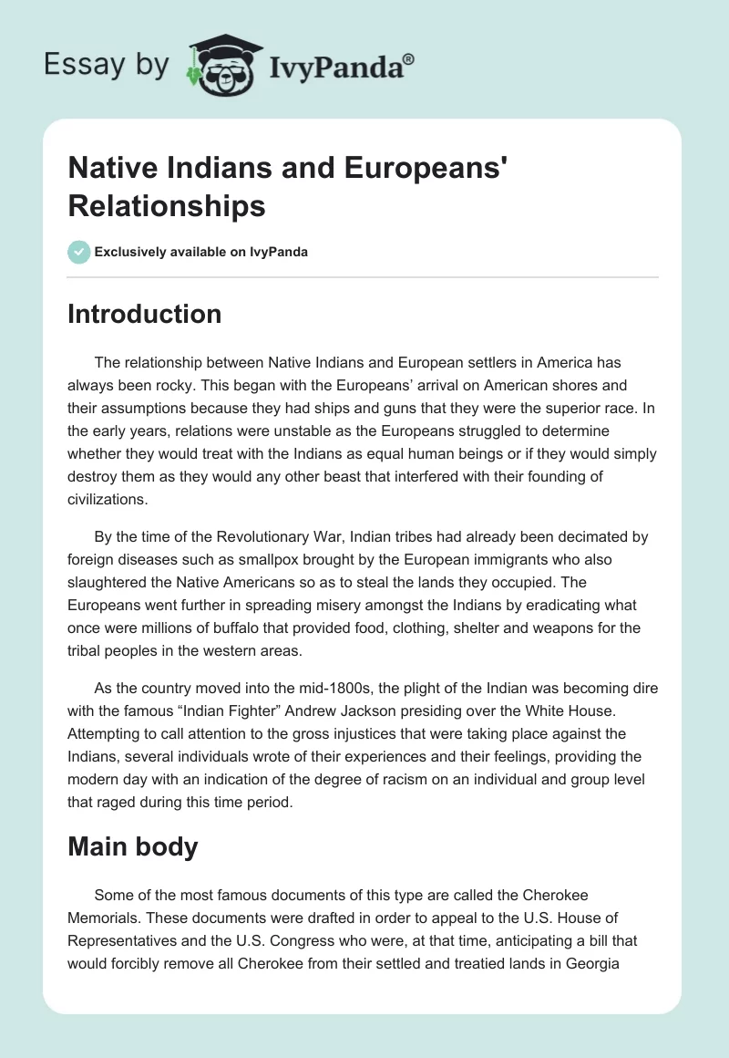 Native Indians and Europeans' Relationships. Page 1