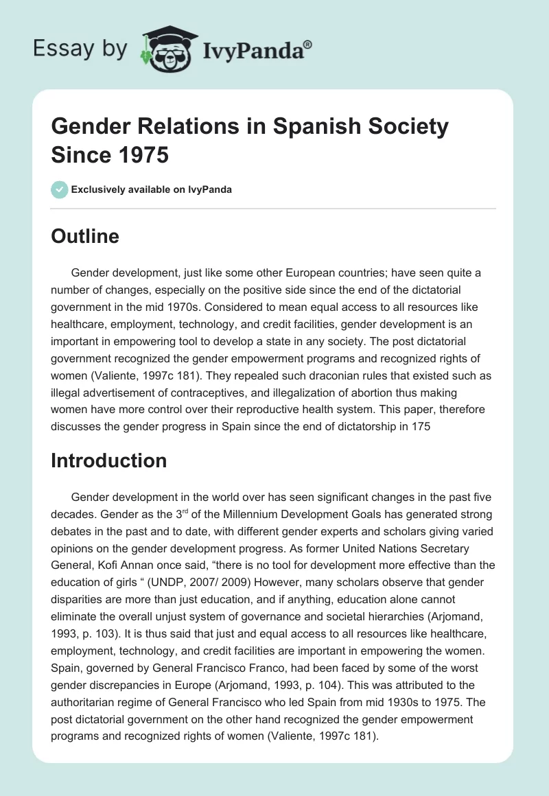 Gender Relations in Spanish Society Since 1975. Page 1