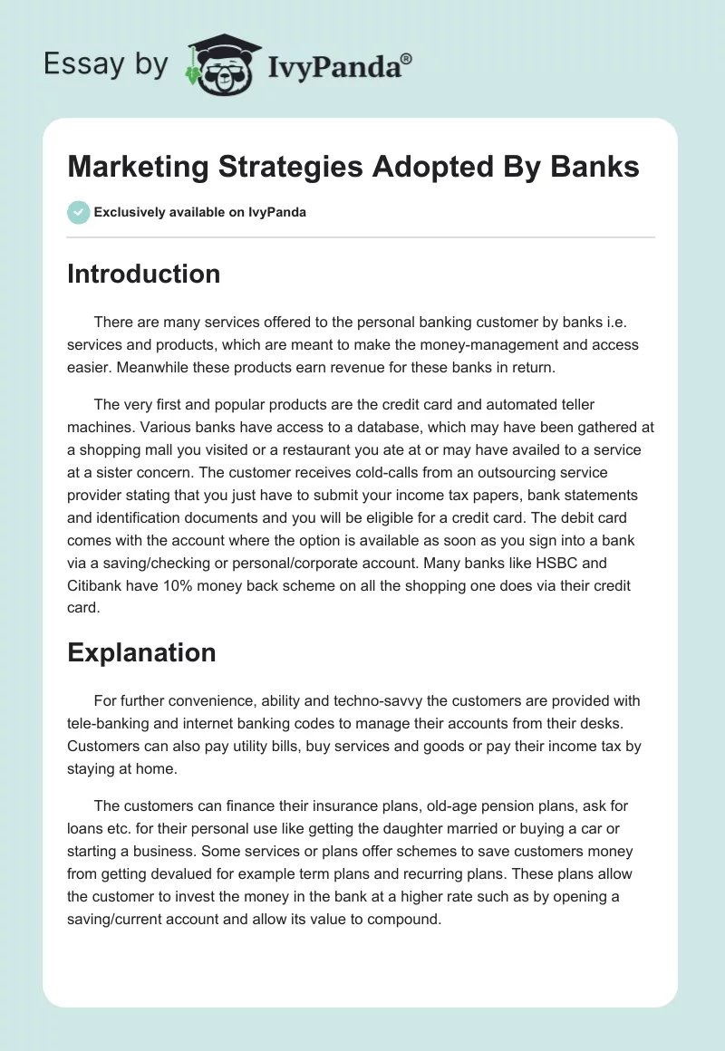 Marketing Strategies Adopted By Banks. Page 1