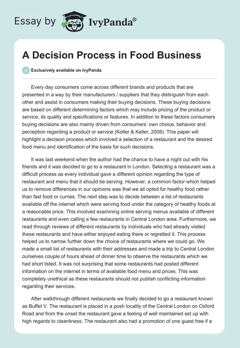 A Decision Process in Food Business. Page 1