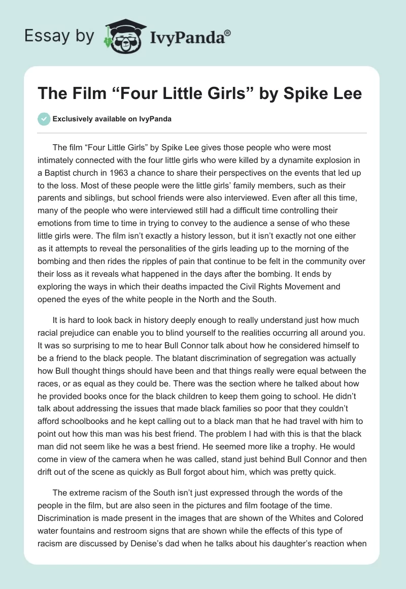The Film “Four Little Girls” by Spike Lee. Page 1