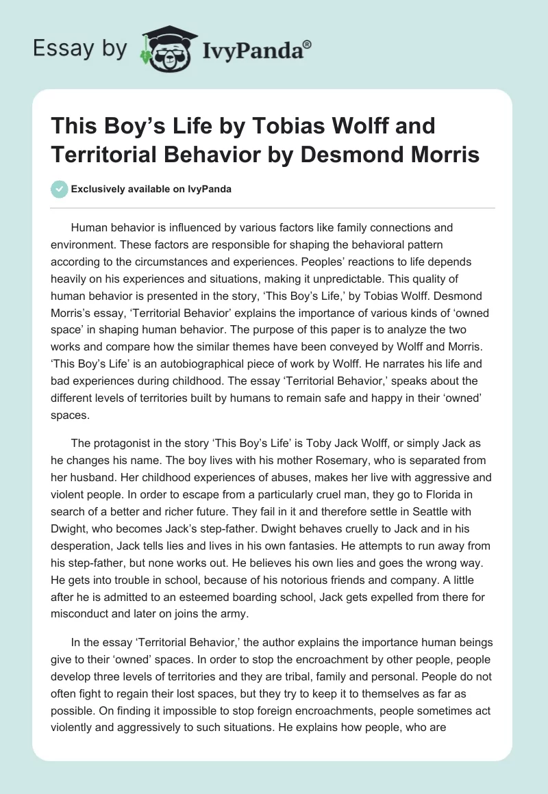 "This Boy’s Life" by Tobias Wolff and "Territorial Behavior" by Desmond Morris. Page 1