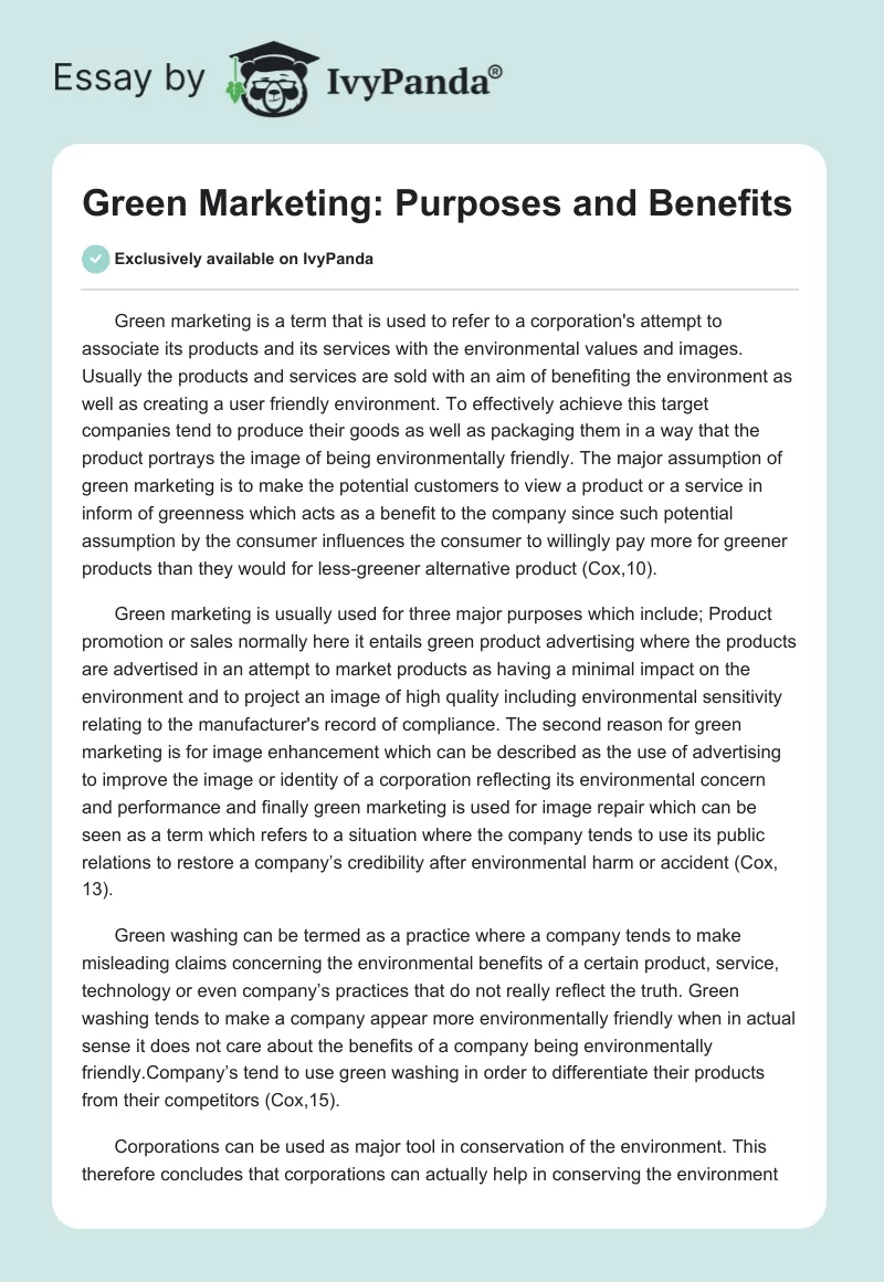 Green Marketing: Purposes and Benefits. Page 1
