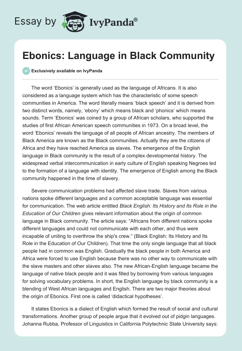 Ebonics: Language in Black Community. Page 1