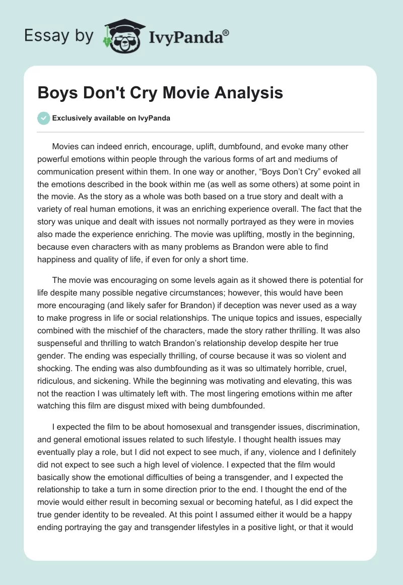 "Boys Don't Cry" Movie Analysis. Page 1