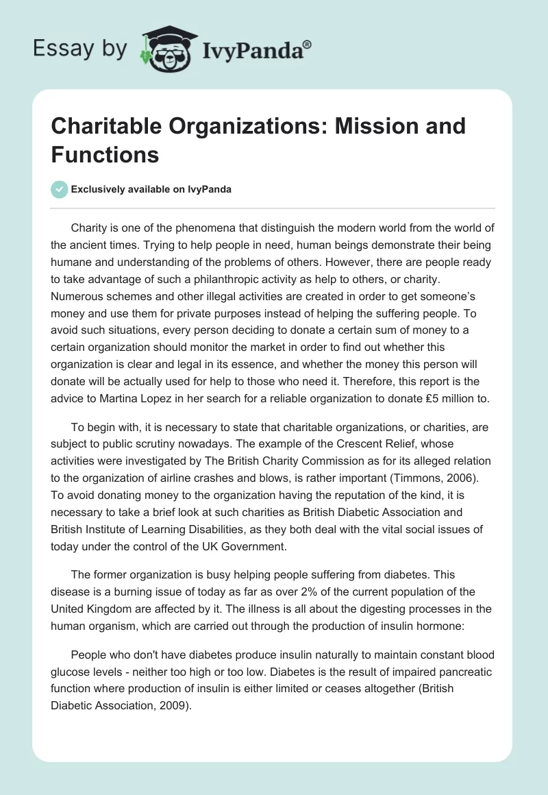 Charitable Organizations: Mission and Functions. Page 1