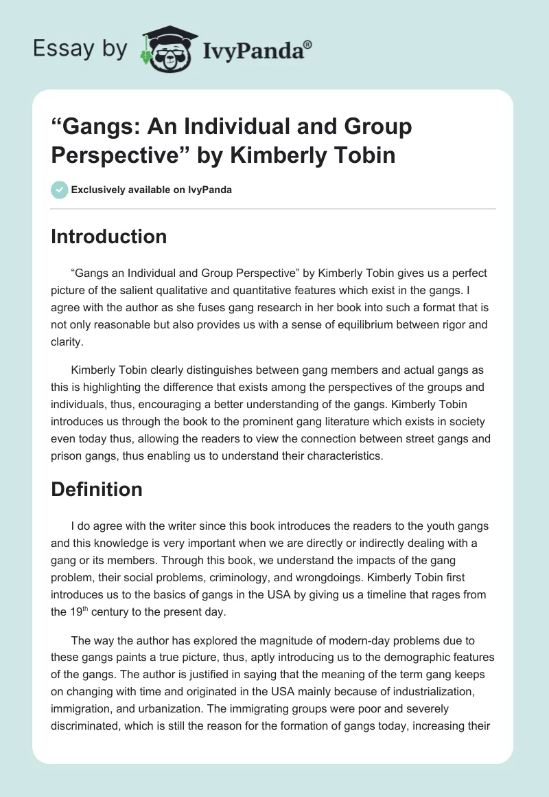 “Gangs: An Individual and Group Perspective” by Kimberly Tobin. Page 1
