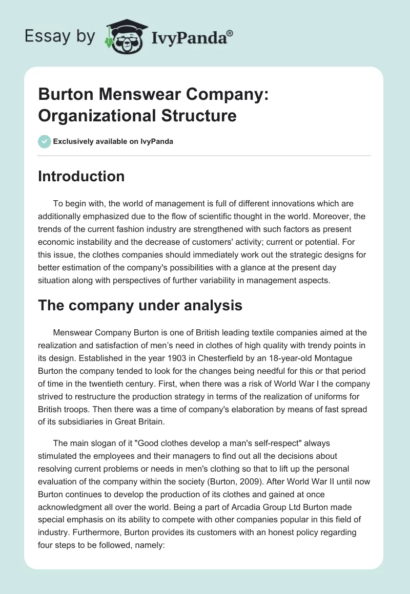 Burton Menswear Company: Organizational Structure. Page 1