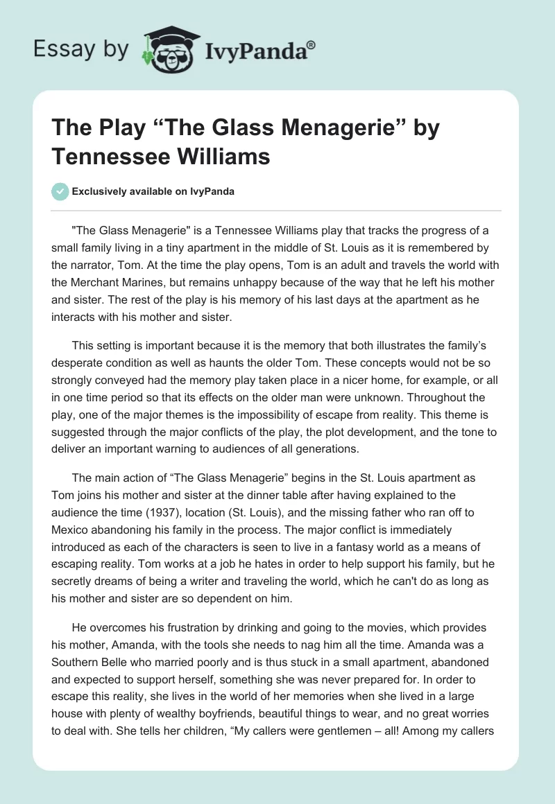 The Play “The Glass Menagerie” by Tennessee Williams. Page 1