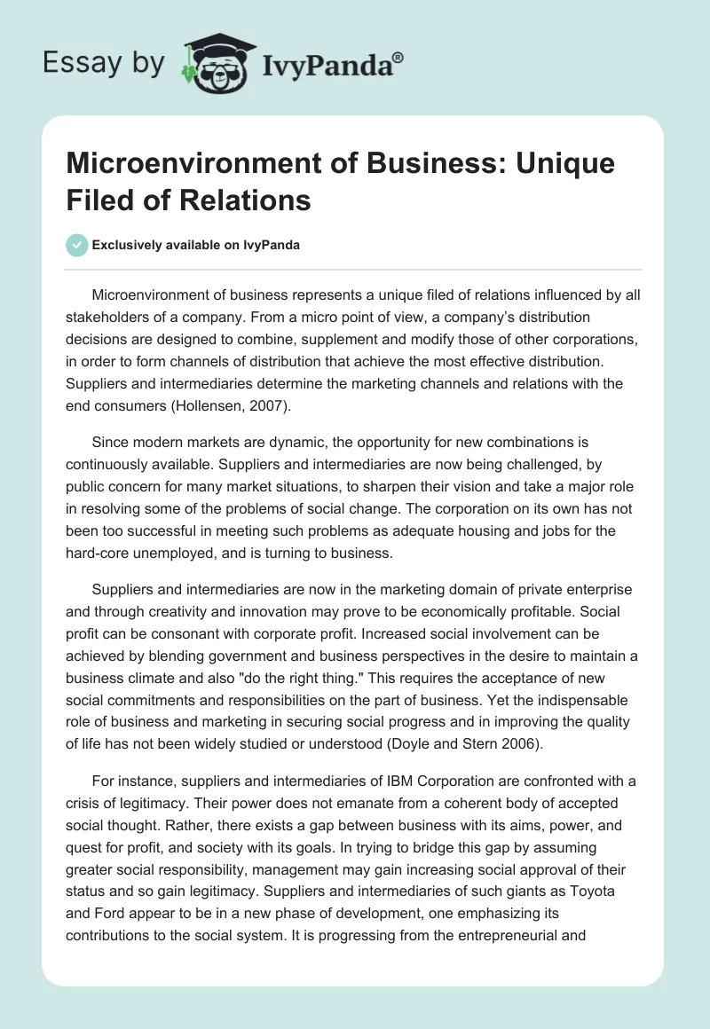 Microenvironment of Business: Unique Filed of Relations. Page 1