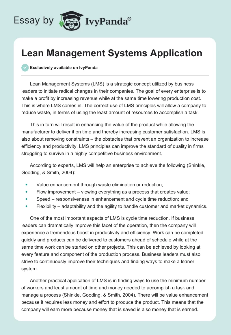 Lean Management Systems Application. Page 1