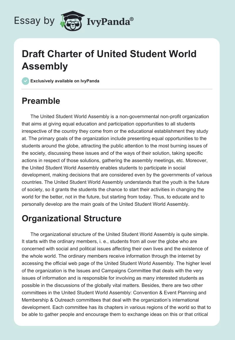 Draft Charter of United Student World Assembly. Page 1