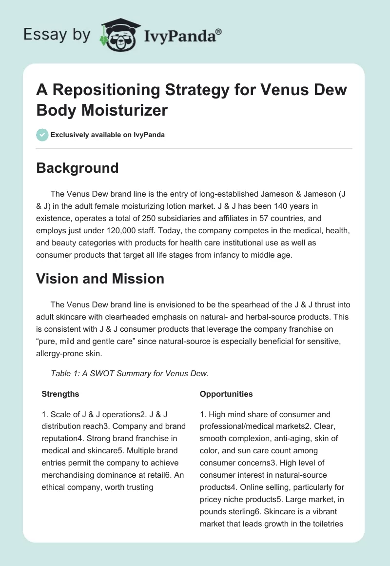 A Repositioning Strategy for Venus Dew Body Moisturizer. Page 1
