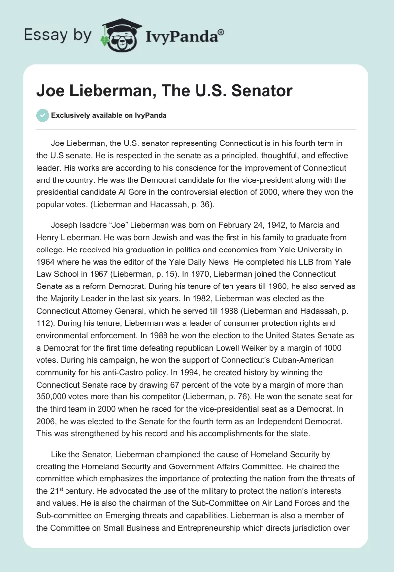Joe Lieberman, The U.S. Senator. Page 1
