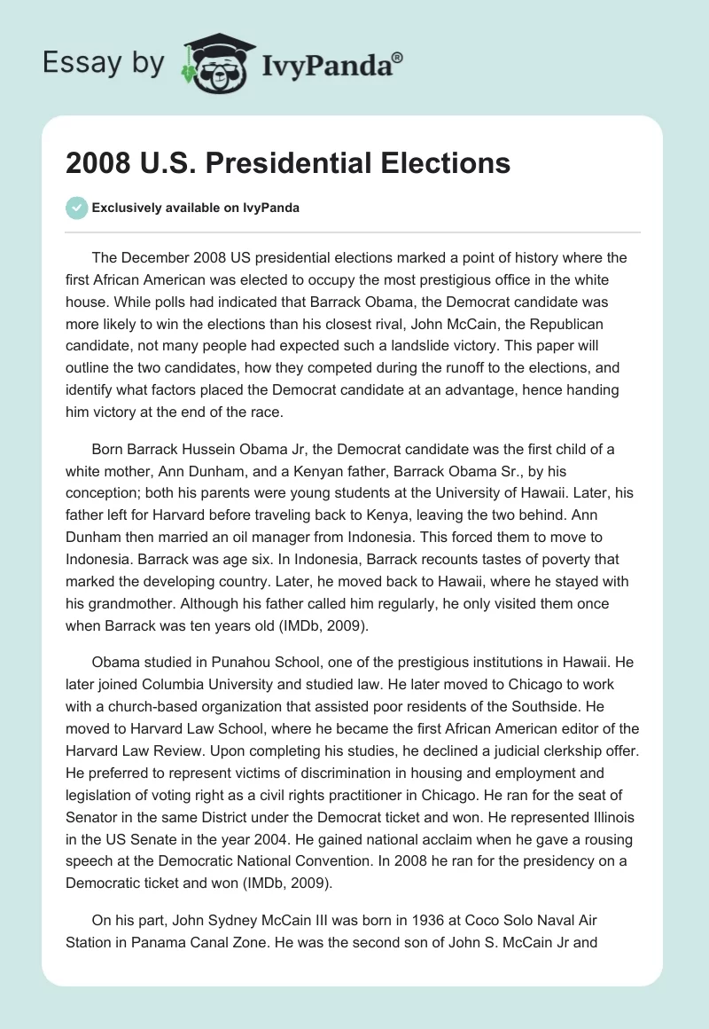 2008 U.S. Presidential Elections. Page 1