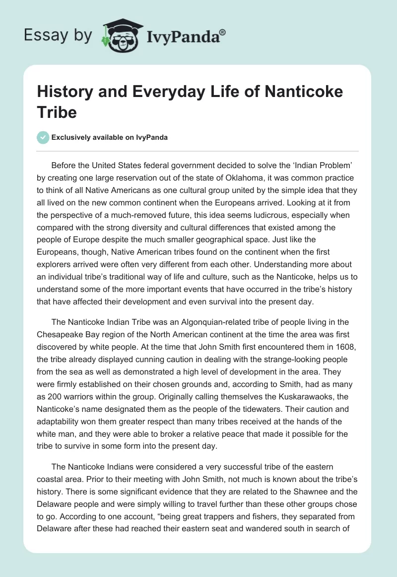 History and Everyday Life of Nanticoke Tribe. Page 1