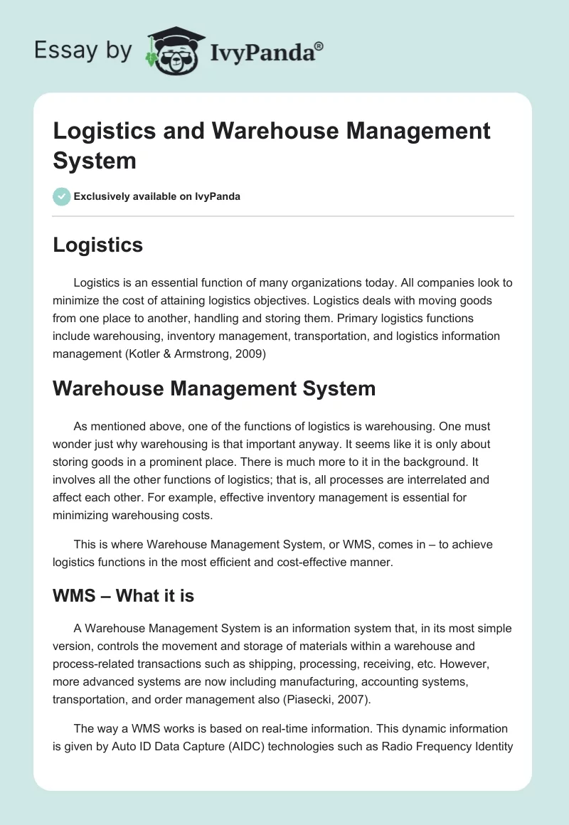 Logistics and Warehouse Management System. Page 1