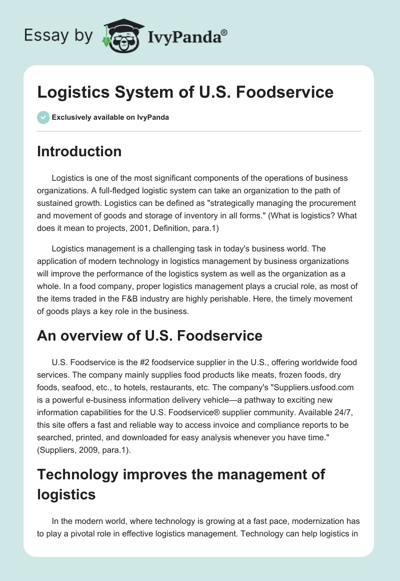 Logistics System of U.S. Foodservice. Page 1