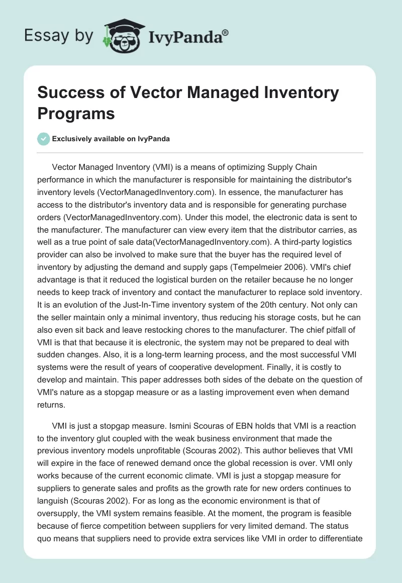 Success of Vector Managed Inventory Programs. Page 1