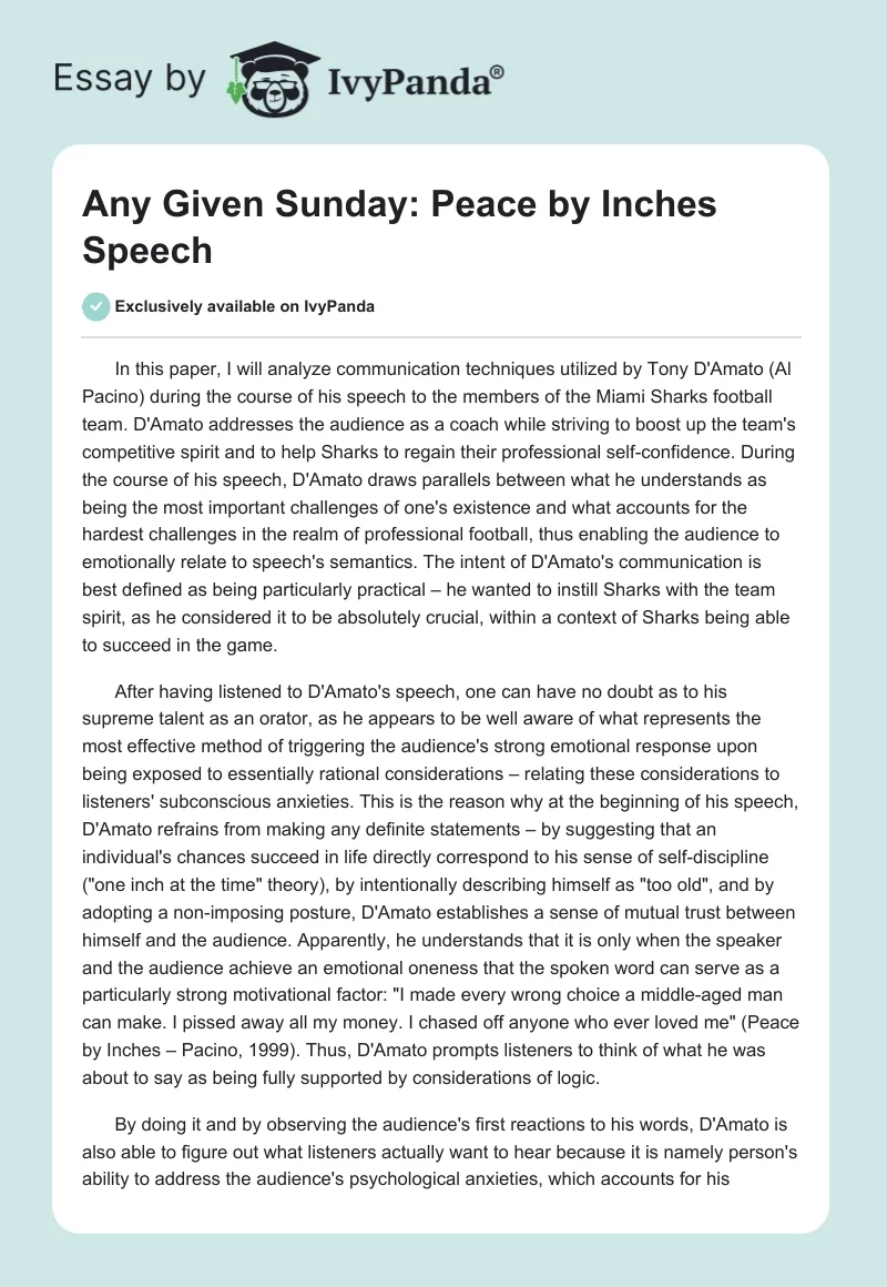 Any Given Sunday: Peace by Inches Speech. Page 1