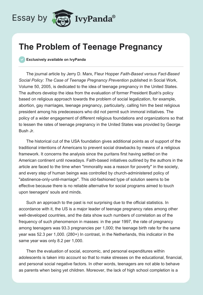 The Problem of Teenage Pregnancy. Page 1