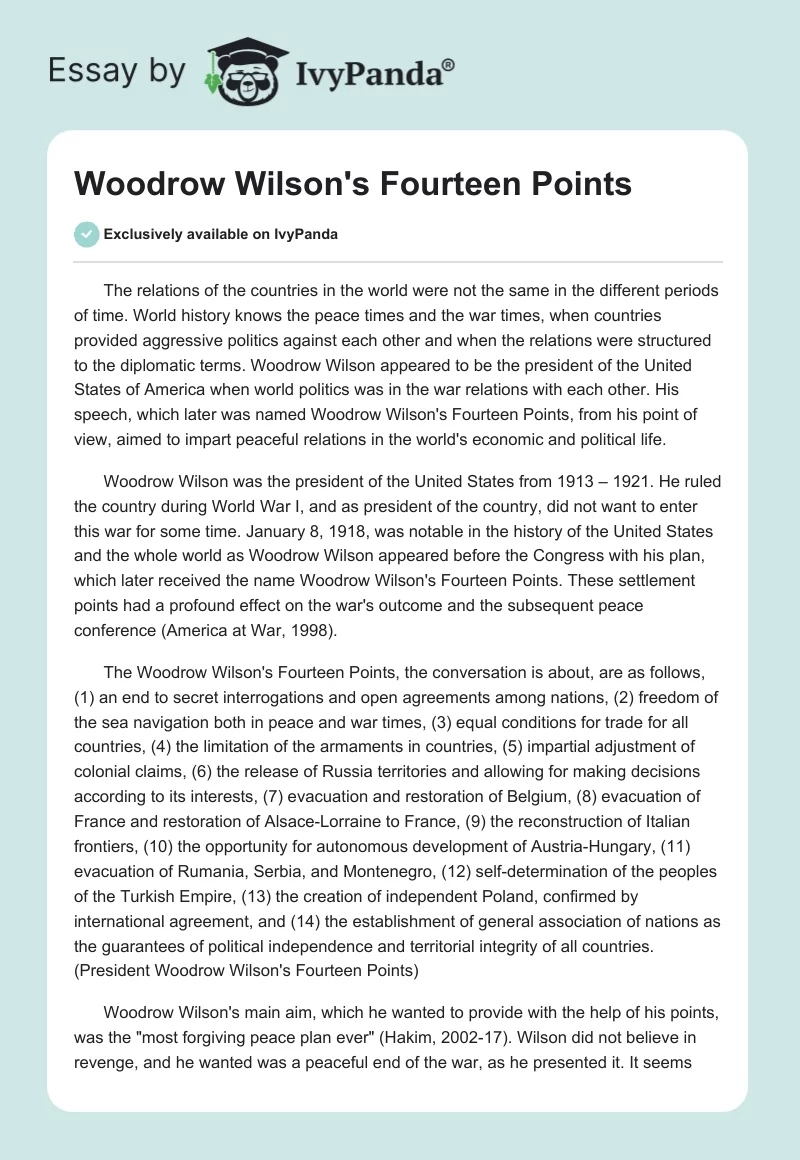 Woodrow Wilson's Fourteen Points. Page 1