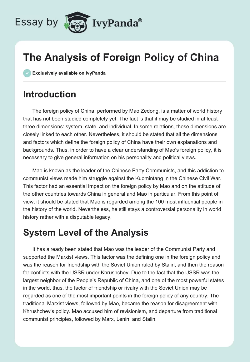 The Analysis of Foreign Policy of China. Page 1