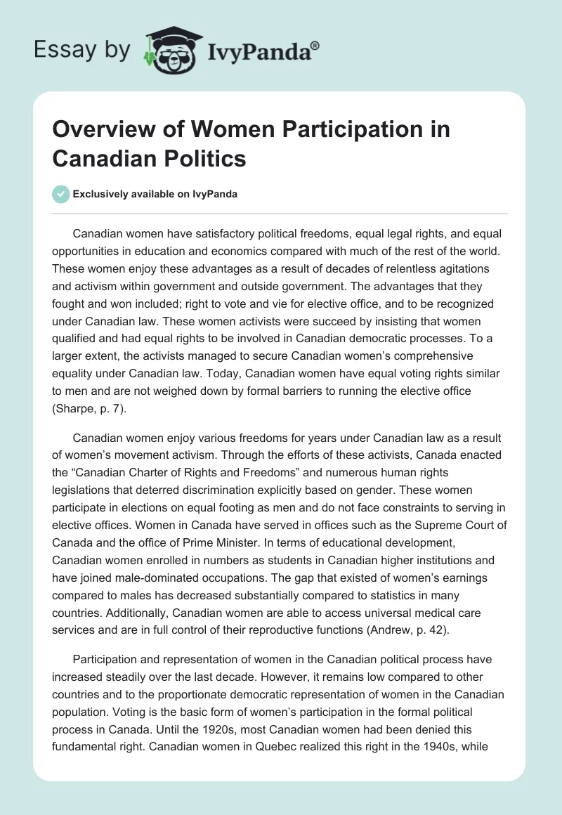 Overview of Women Participation in Canadian Politics. Page 1