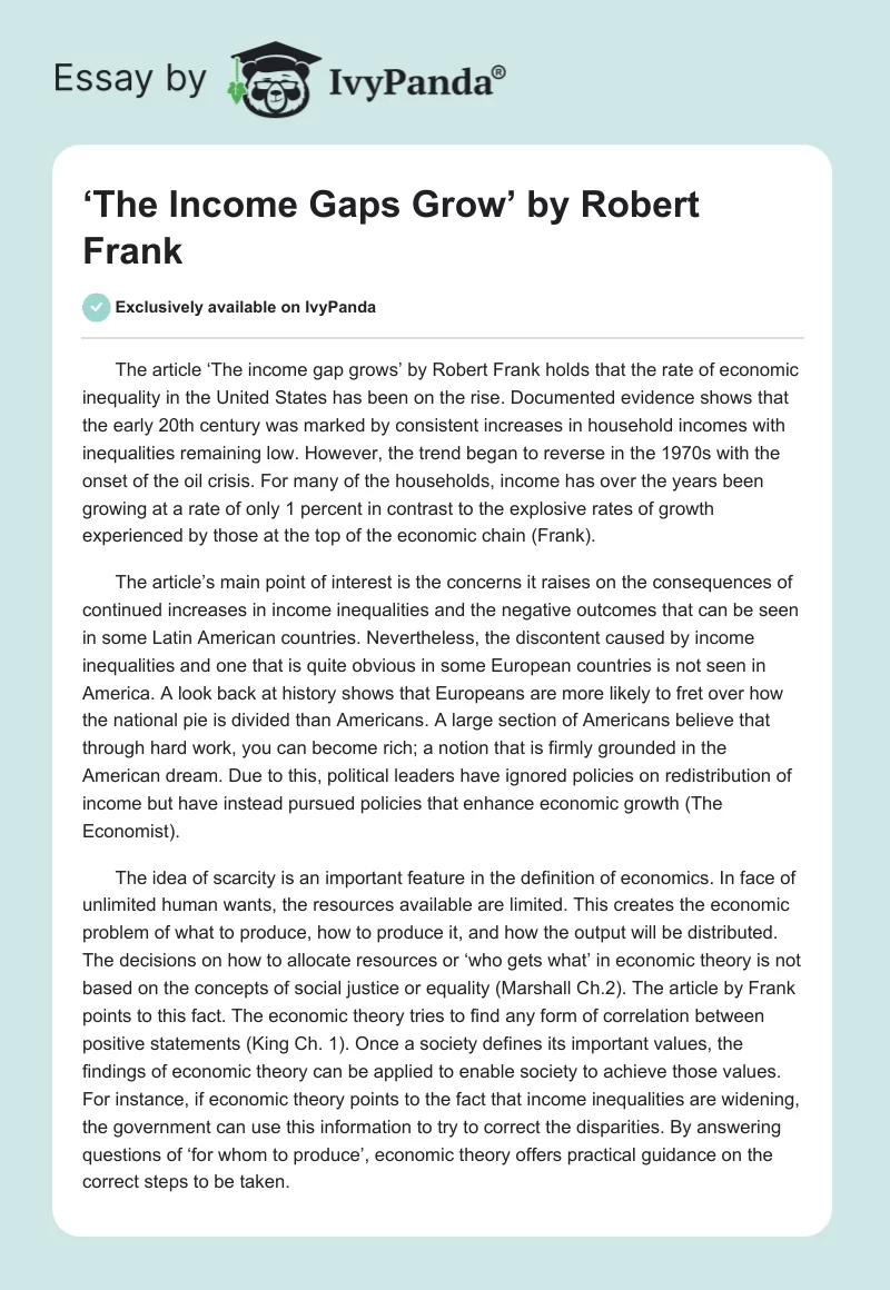 ‘The Income Gaps Grow’ by Robert Frank. Page 1