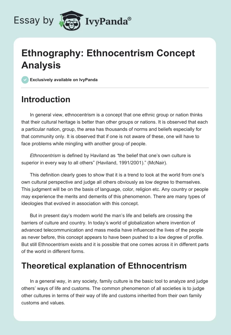 Ethnography: Ethnocentrism Concept Analysis. Page 1