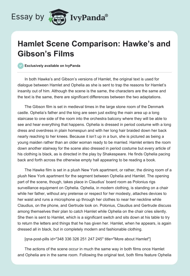 "Hamlet" Scene Comparison: Hawke’s and Gibson’s Films. Page 1