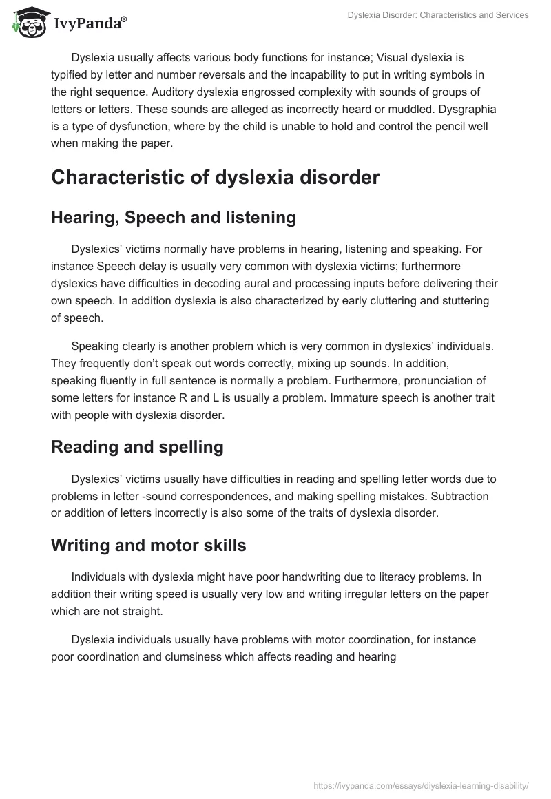Dyslexia Disorder: Characteristics and Services. Page 2