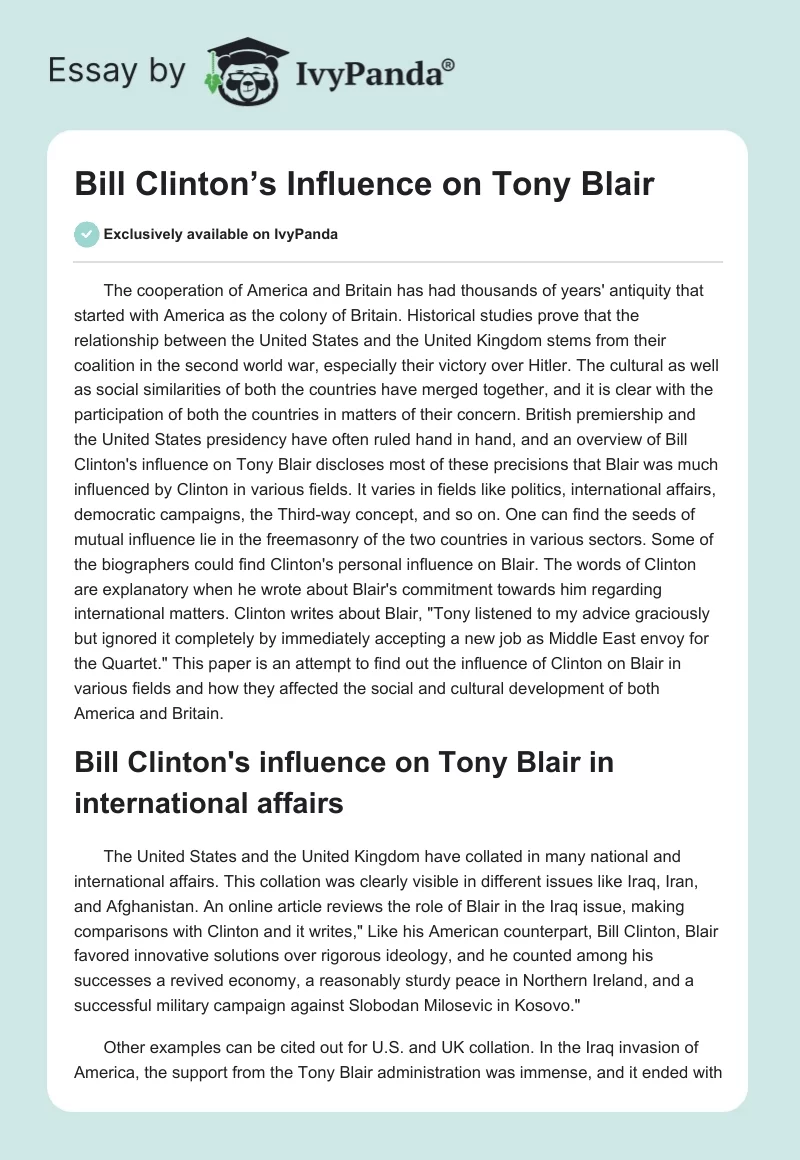 Bill Clinton’s Influence on Tony Blair. Page 1